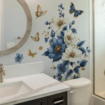 sticker mural floral décoration aquarelle papillons feuilles verte élégant bohème adhésif salon chambre