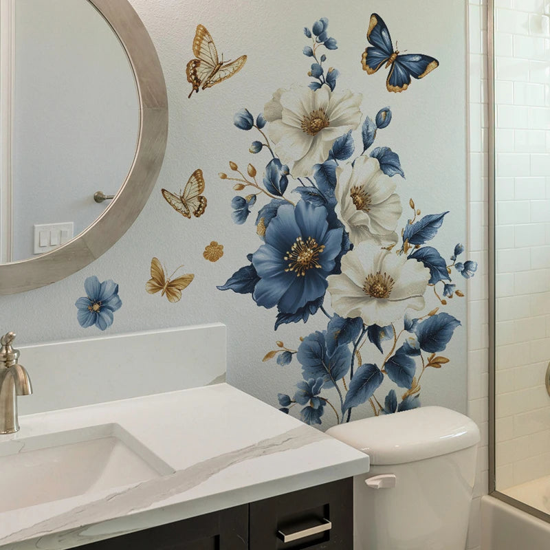 sticker mural floral décoration aquarelle papillons feuilles verte élégant bohème adhésif salon chambre