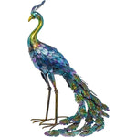statue paon extérieur métal bleu vert jaune violet turquois plumes texturées réaliste jardin patio