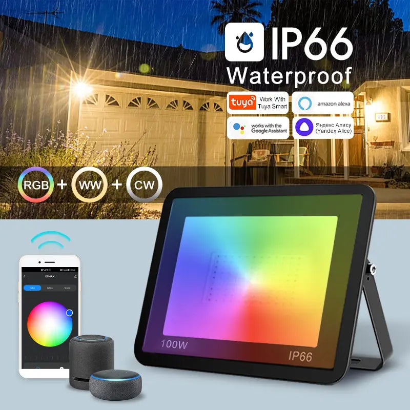 projecteur led exterieur controle app vocal ip66 moderne noir mat fixation murale