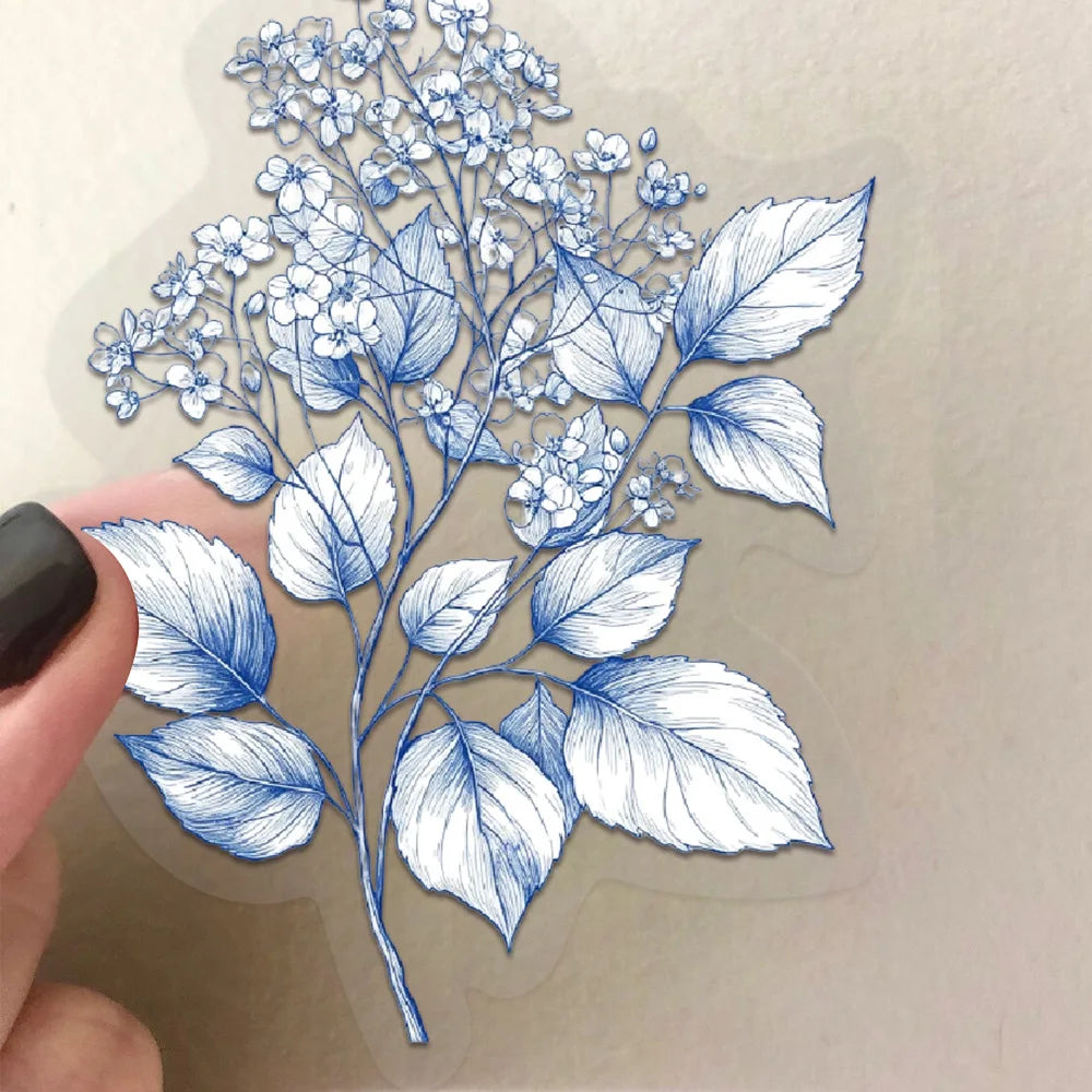 autocollants fleurs bleues blancs art floral dessinés main transparents diy skateboards guitare téléphone enfants