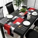 nappe géométrique rouge noir lin moderne table manger cuisine assiettes couverts