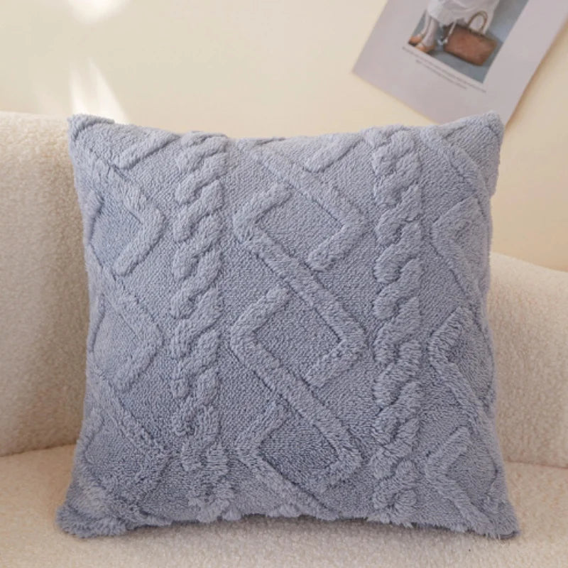 taies oreiller peluche jacquard géométrique couleurs rose beige bleu moderne salon chambre lit