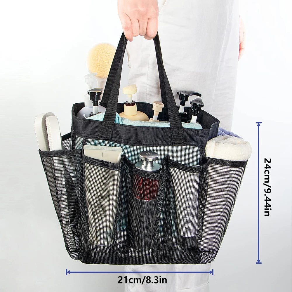 sac rangement bain voyage toilettte polyester maille transparent noir jaune rose vert blanc pratique