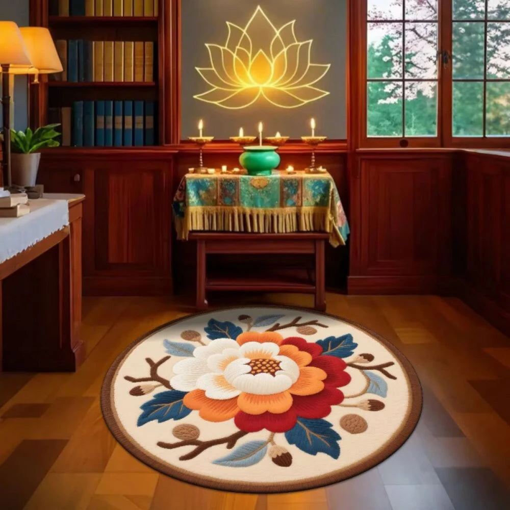 tapis rond fleur lotus vert rose blanc décoration zen salon chambre moderne ethnique