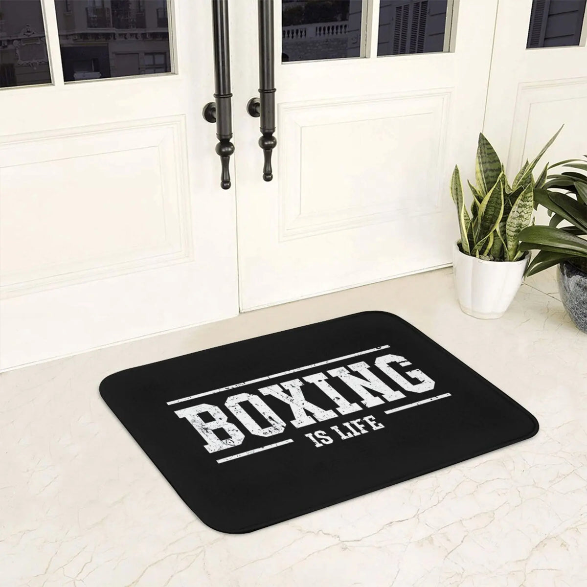 tapis sol noir boxing is life lettres blanches moderne antidérapant polyester 60x90cm
