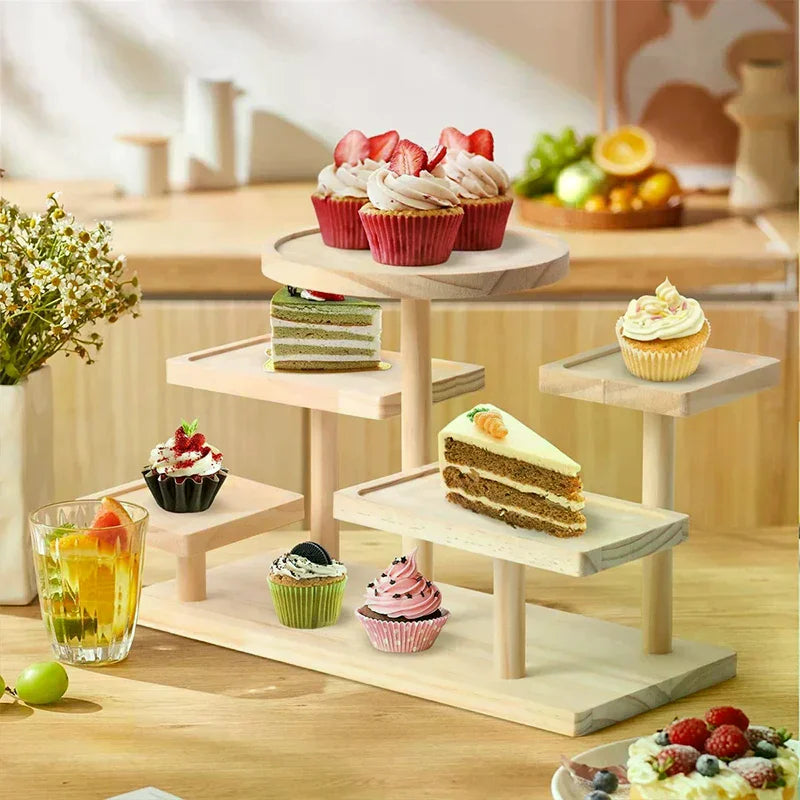 support objets bois massif finition naturelle minimaliste moderne figurines gâteaux cupcakes bijoux parfums tasses