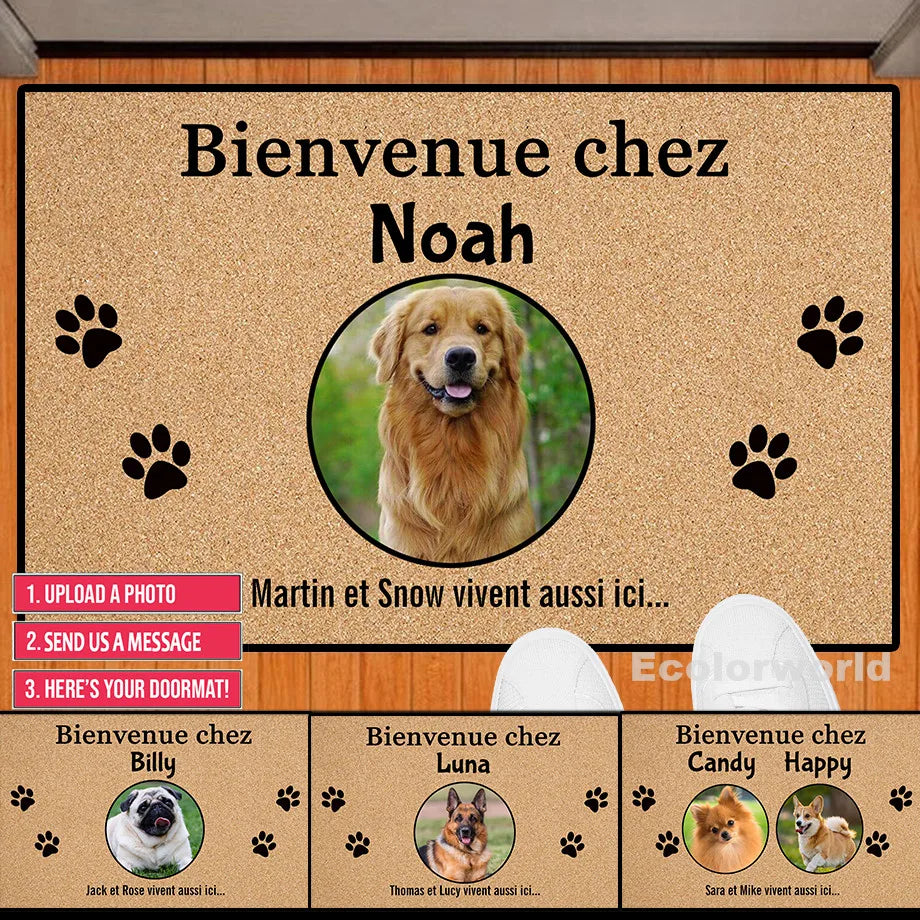 tapis d'entrée personnalisable marron clair imprimé pattes chien bordure noire moderne antidérapant 50x80cm