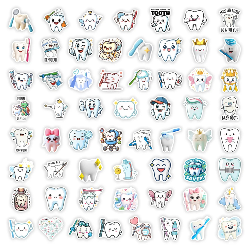 stickers adhésifs dentaires mignons vinyle waterproof dessin animé blanc bleu rose jaune vert gris