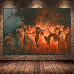 toile d'art contemporaine peinture abstraite figures humaines dansantes vert foncé orange rouge noir beige