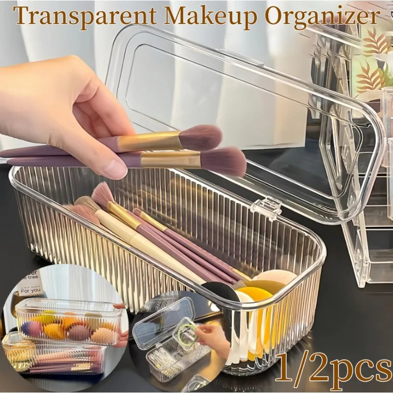 organisateur maquillage transparent moderne rayures clips grande capacité anti poussière pinceaux tampons beauté