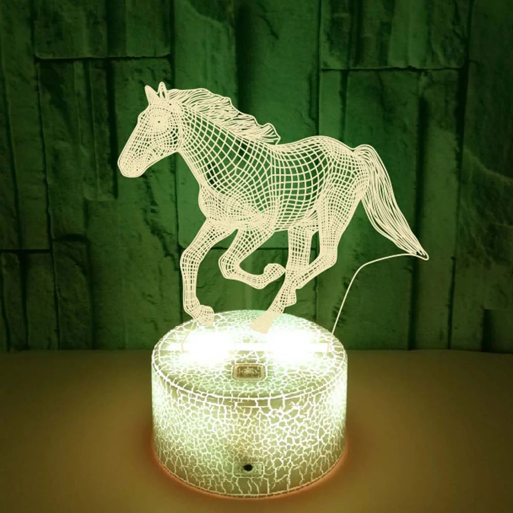 lampe led 3d effet illusion cheval veilleuse diy blanc réseau lignes noires moderne base