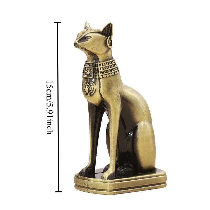 statue égyptienne chat bastet bronze doré hiéroglyphes collier décoration maison ancienne
