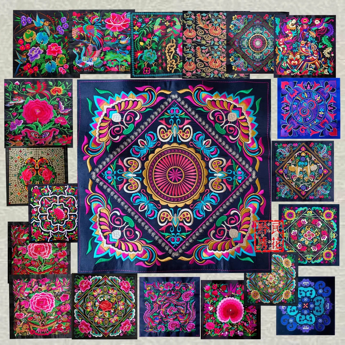 serviettes décoratives broderie florale multicolore coton artisanal traditionnel maison ethnique