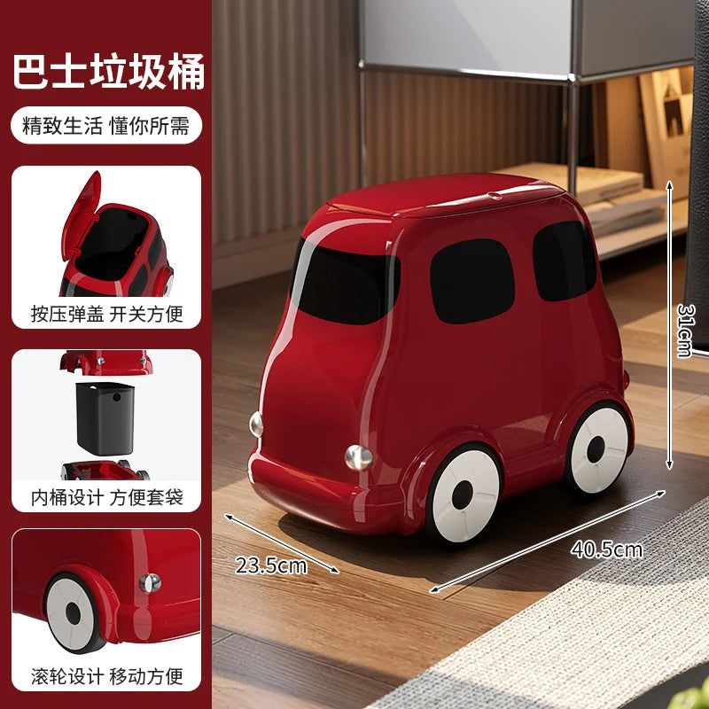 poubelle forme voiture rouge beige ludique roues compartiment intégré maison enfants