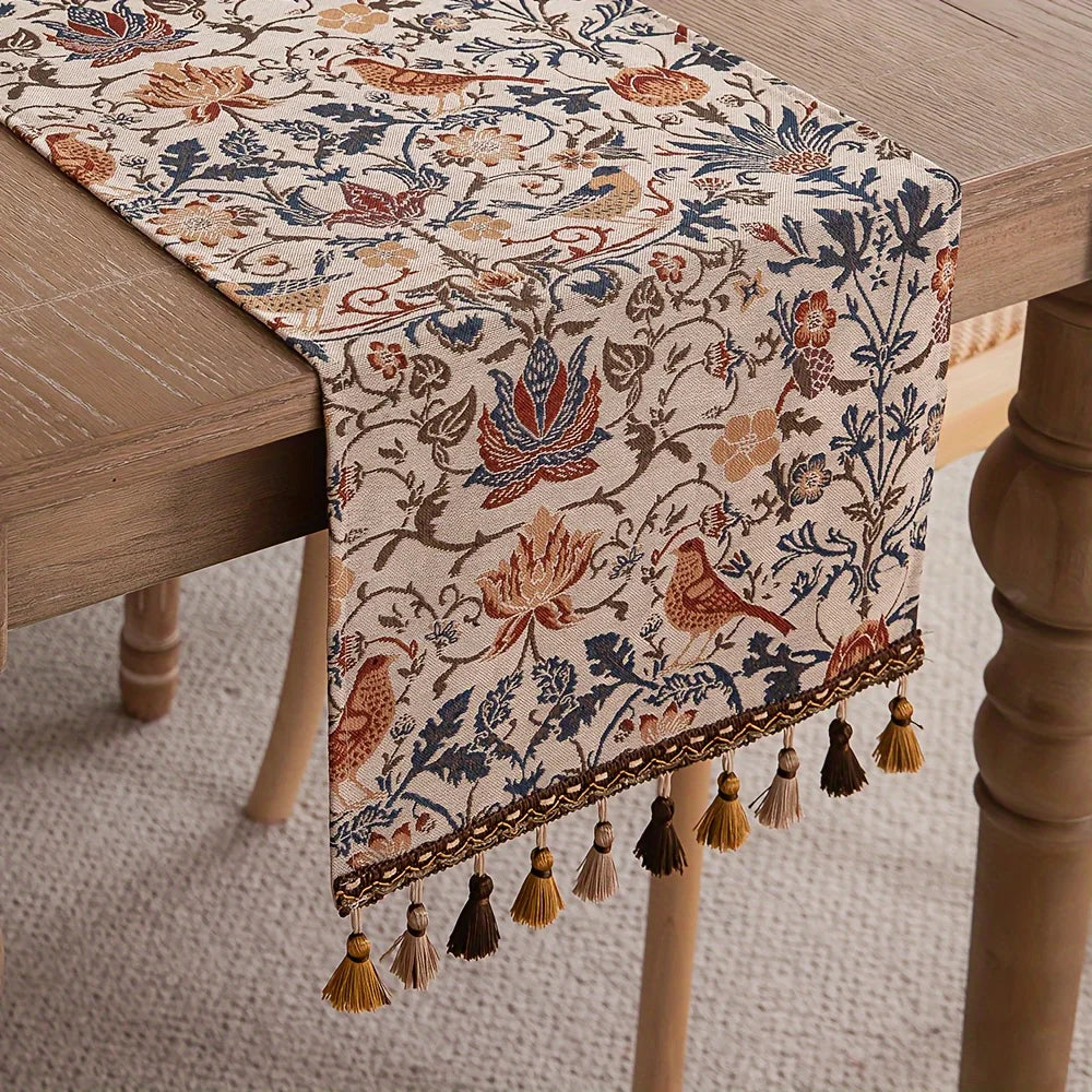tableau decoratif floral oiseaux franges pompons beige marron bleu orange rustic boheme 33x180cm
