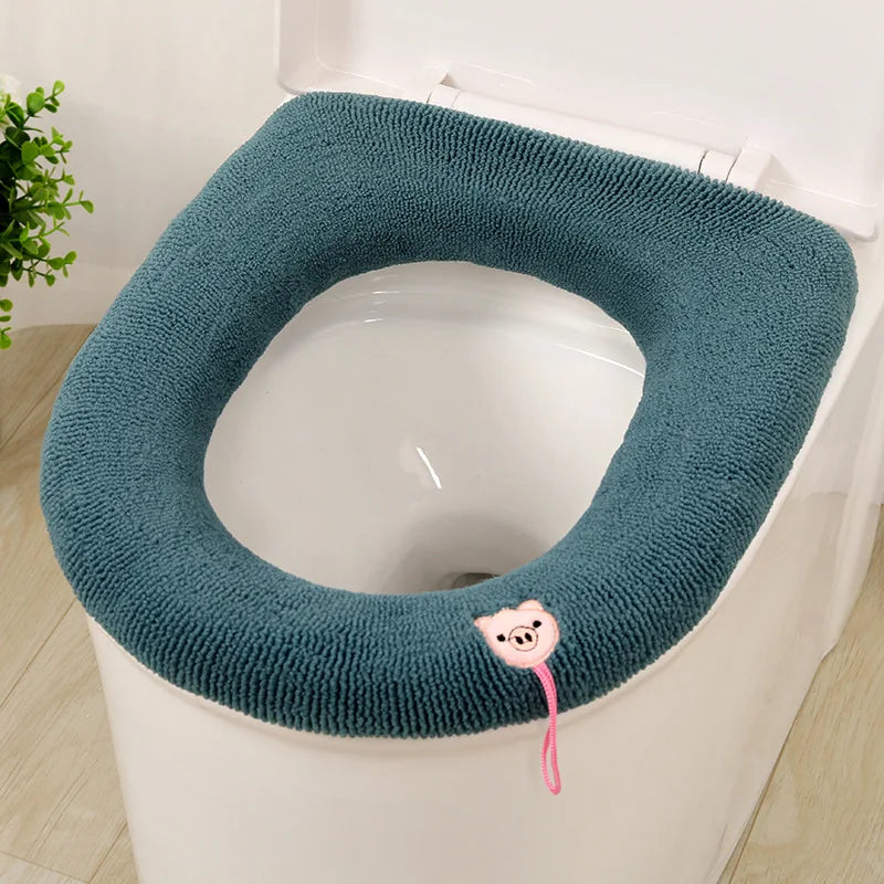couvre siège toilette gris doux rayures élastique intégré motifs décoratifs écologique salle bain