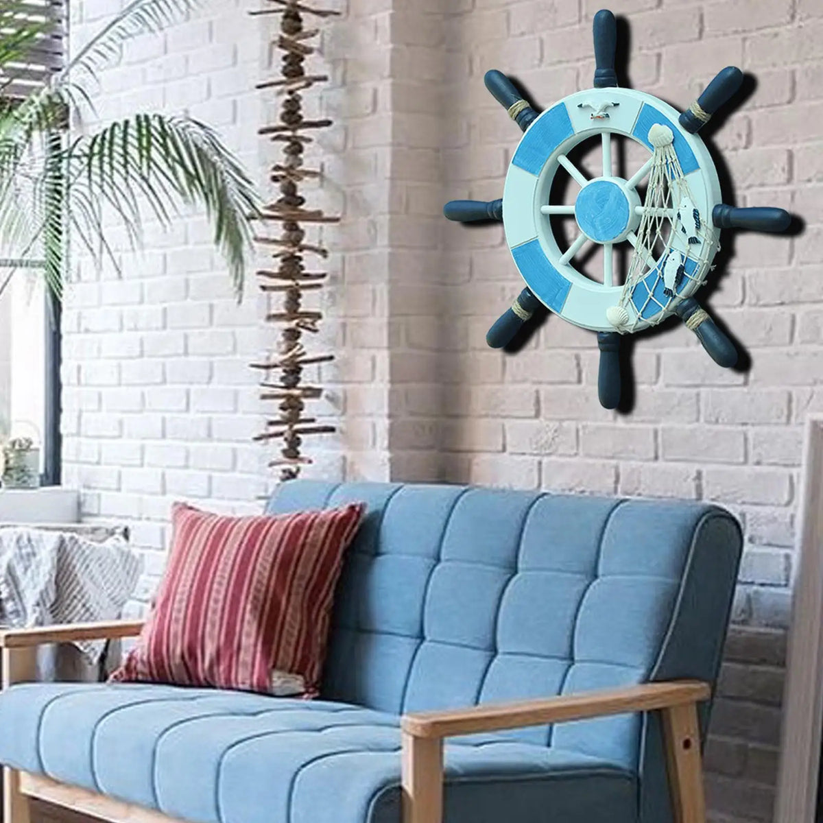 volant bateau bois blanc bleu marine decor nautique rayures filet peche oiseau boule etoile