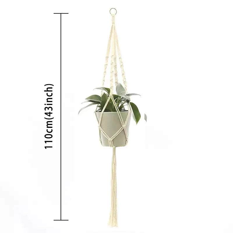 support plante suspendue macramé boho panier blanc noeuds réguliers artisanal pot fleuri