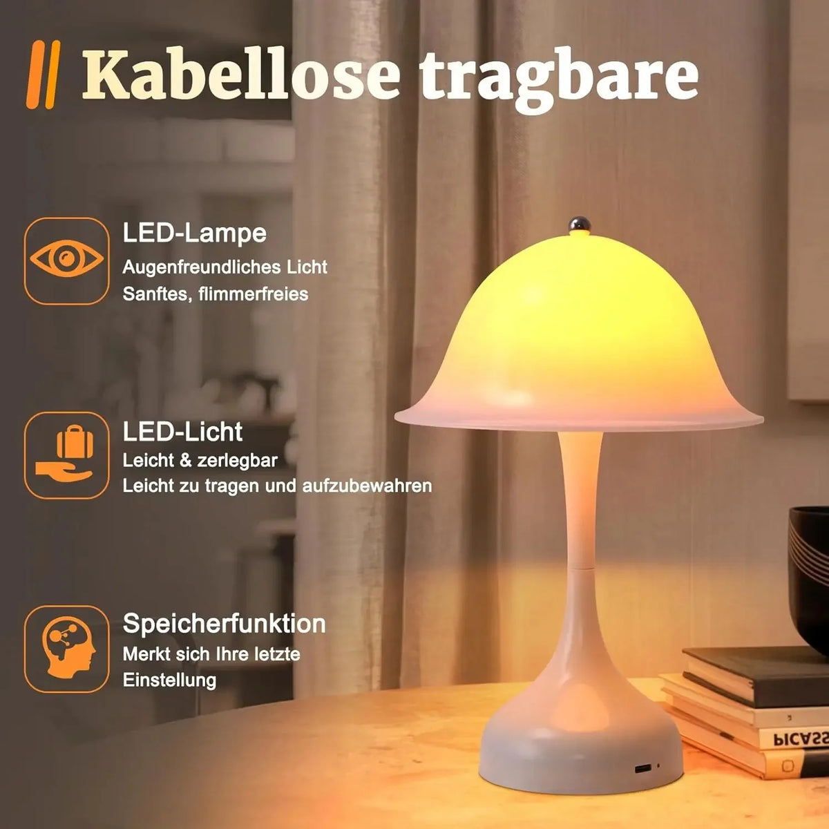 lampe chevet sans fil led rechargeable tactile bleu rose blanc moderne abatjour champignon chambre