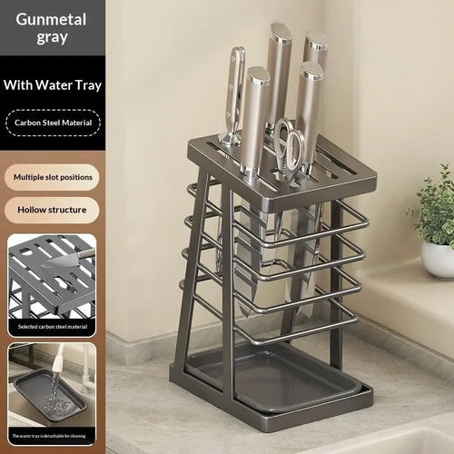 support couteaux gris moderne plateau détachable ustensiles scies cuisine rangement efficace