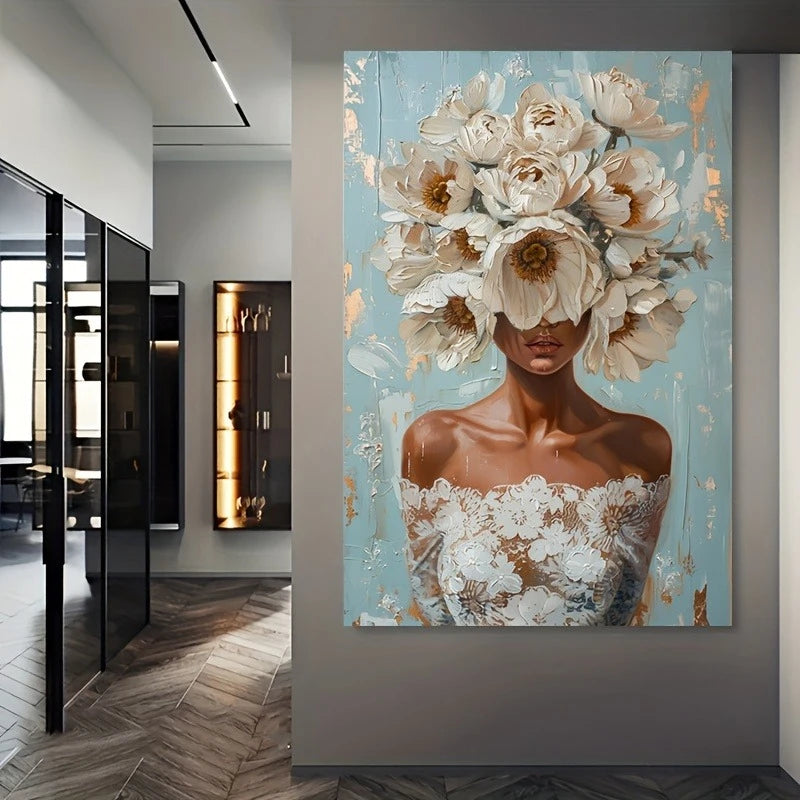 tableau moderne abstrait fleurs blanches toile sans cadre 60x80cm 50x70cm bleu clair doré decoration