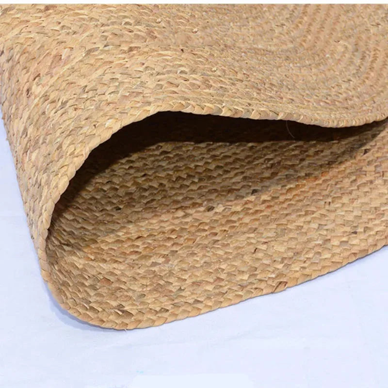 tapis rond tissé géométrique moderne rustique juteux beige clair salon chambre décoration nordique main