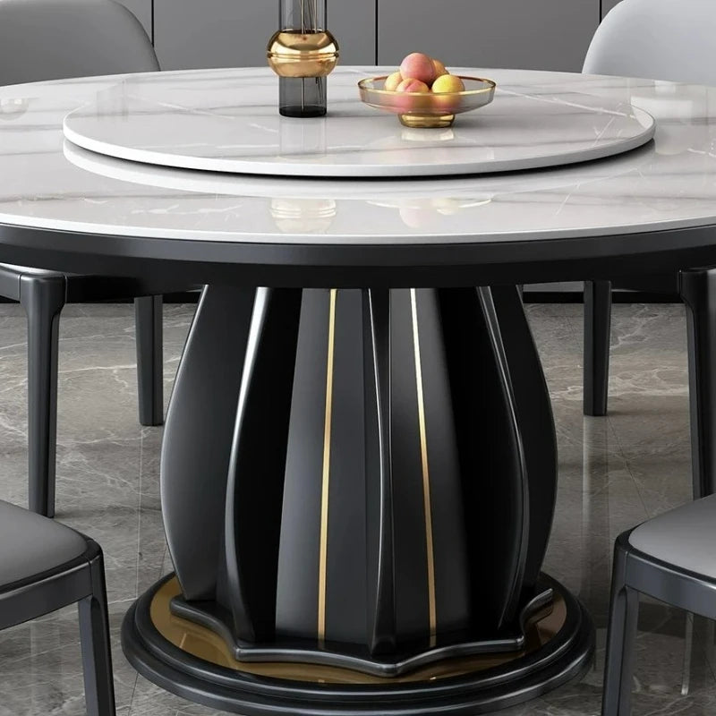 table ronde bois marbre moderne gris noir blanc chaises assises plateau central pieds