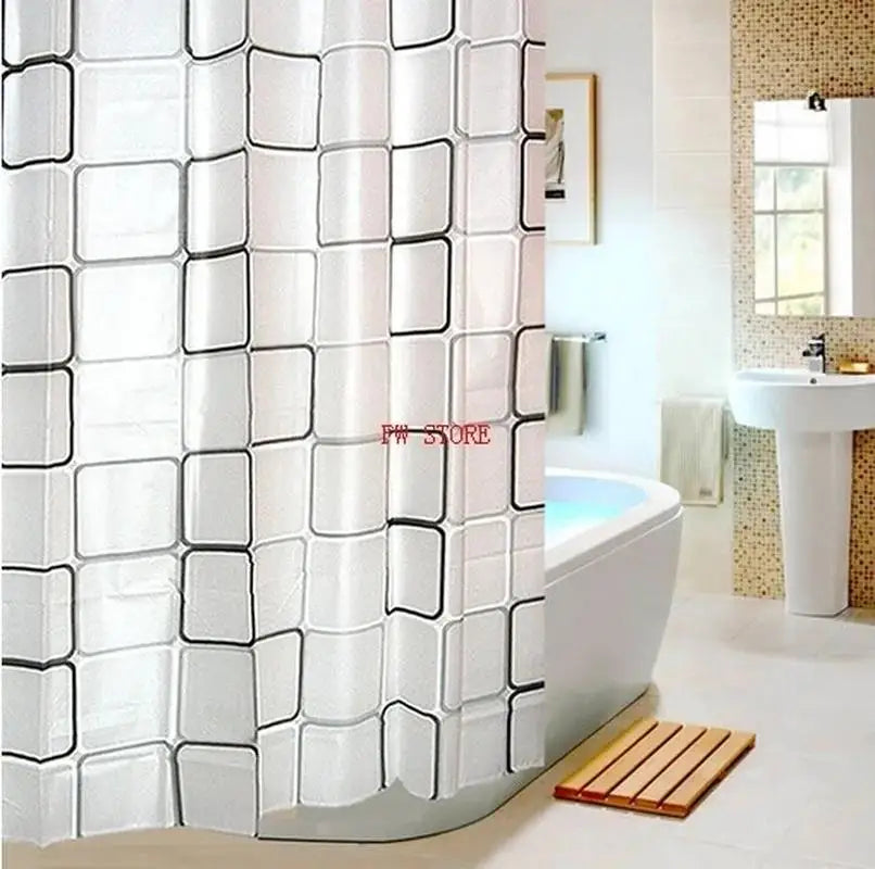 rideaux douche moderne blanc noir bleu motifs géométriques semi transparent anneaux respectueux environnement
