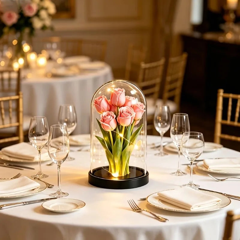 cloches verre transparentes modernes fleurs artificielles base noire lumière led decoration intérieure 10cm 6.5cm