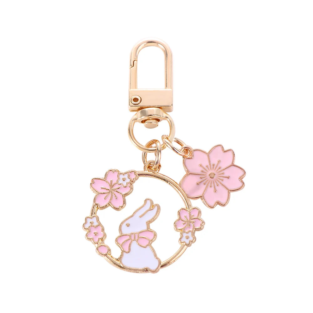 porte clés or rose pâle chat lapin oiseau fleurs cerisier mignon boucle anneau chaîne