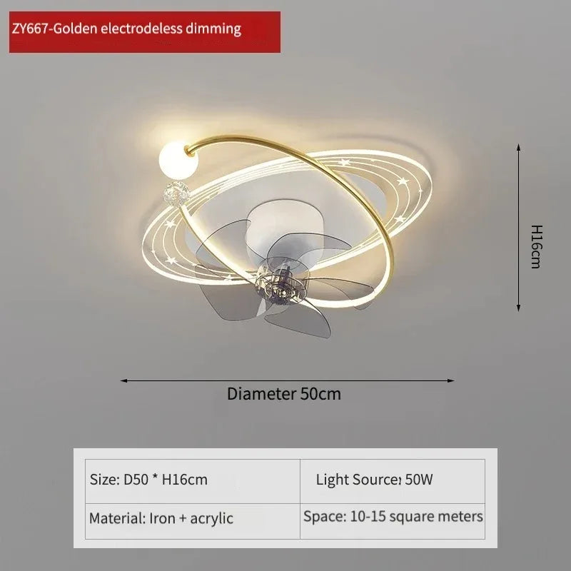 ventilateur moderne sphères blanches anneaux dorés télécommande lumière led salon luxe