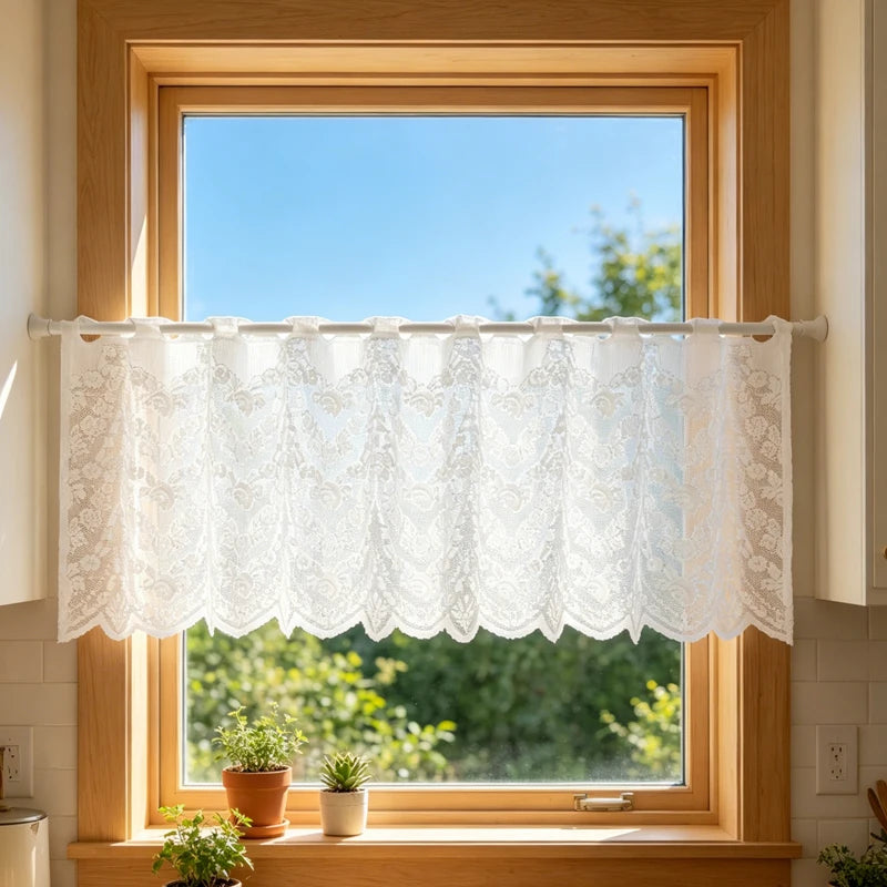 rideau blanc dentelle classique translucide ondulé 153x46cm cuisine décoration maison fenêtre