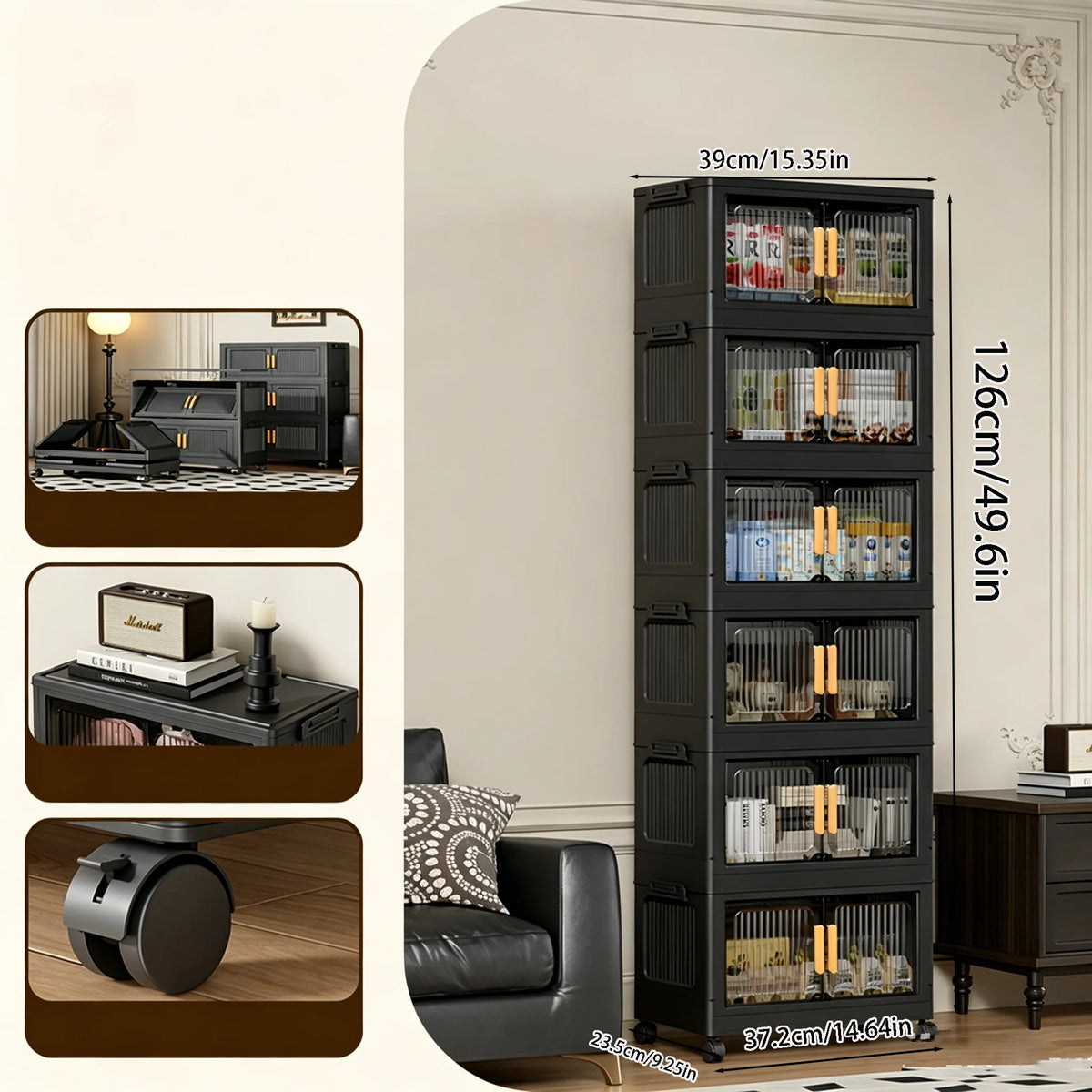 rangement modulaire meuble noir panneaux transparents poignées dorées roulettes facile assembler chambre salon cuisine