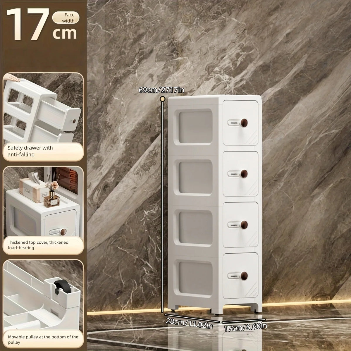 meuble rangement blanc moderne tiroirs transparents rayures diagonales noires pliable porte bouteilles cosmétiques