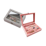 présentoir bijoux velours rose gris classique élégant boîte transparente couvercle boucles oreilles colliers bagues