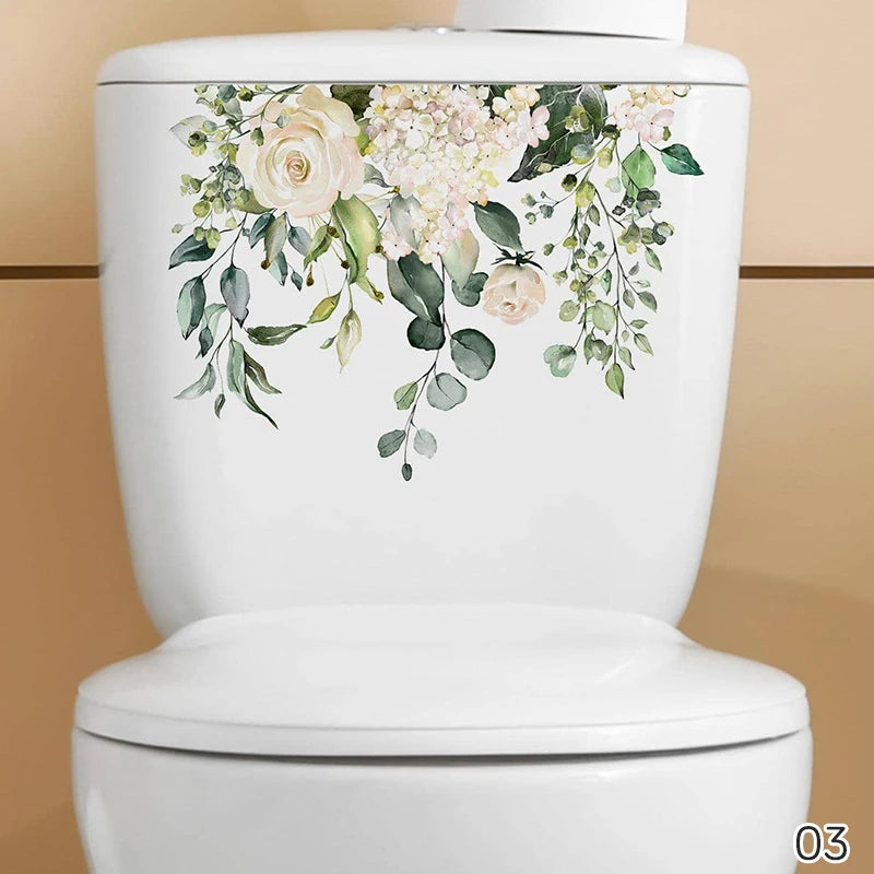 autocollant mural décoration toilettes motif feuilles fleurs floral opaques blanc