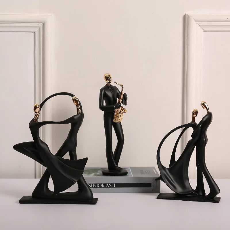 statue musicien moderne abstraite saxophone guitare noire décoration intérieure couple instrumental résine opaque base