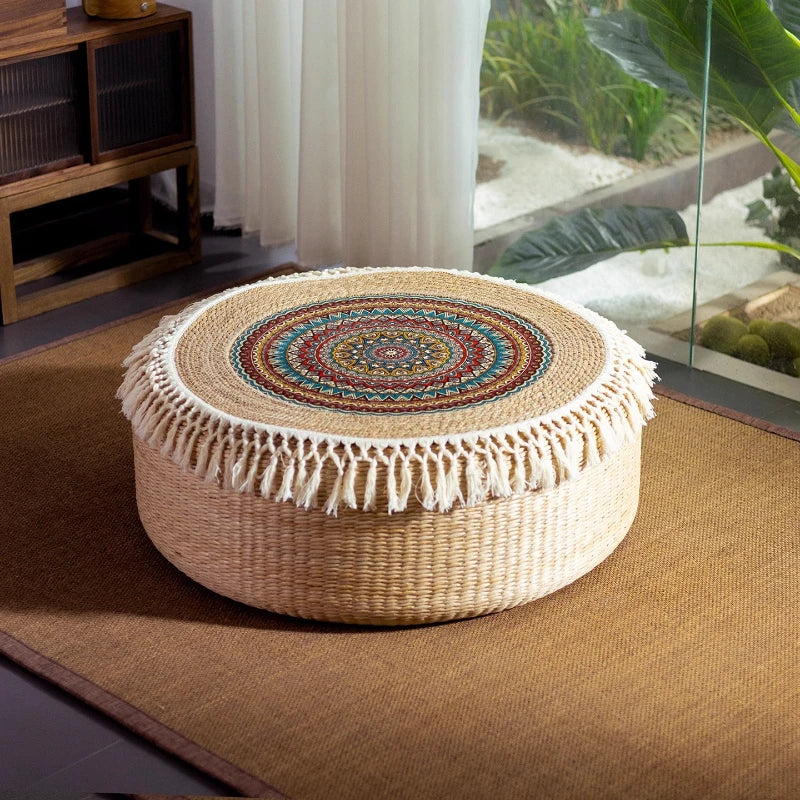 coussin sol bohème tissé franges blanches beige clair anti décubitus remplissage coton paille