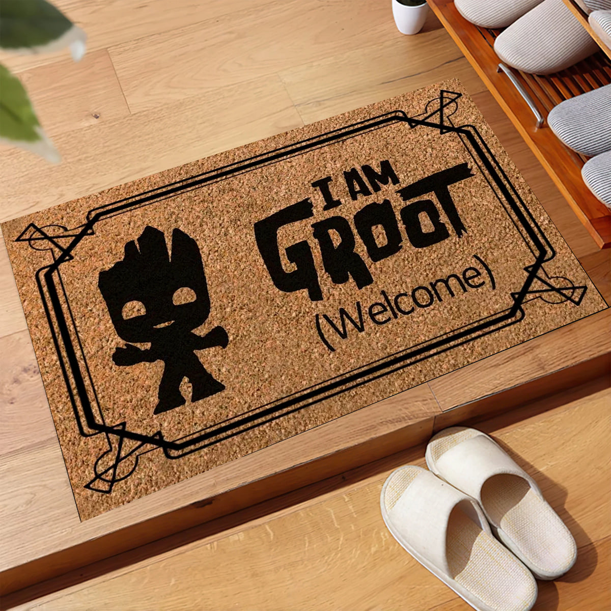 tapis d'entrée marron clair groot bienvenue anti dérapant moderne