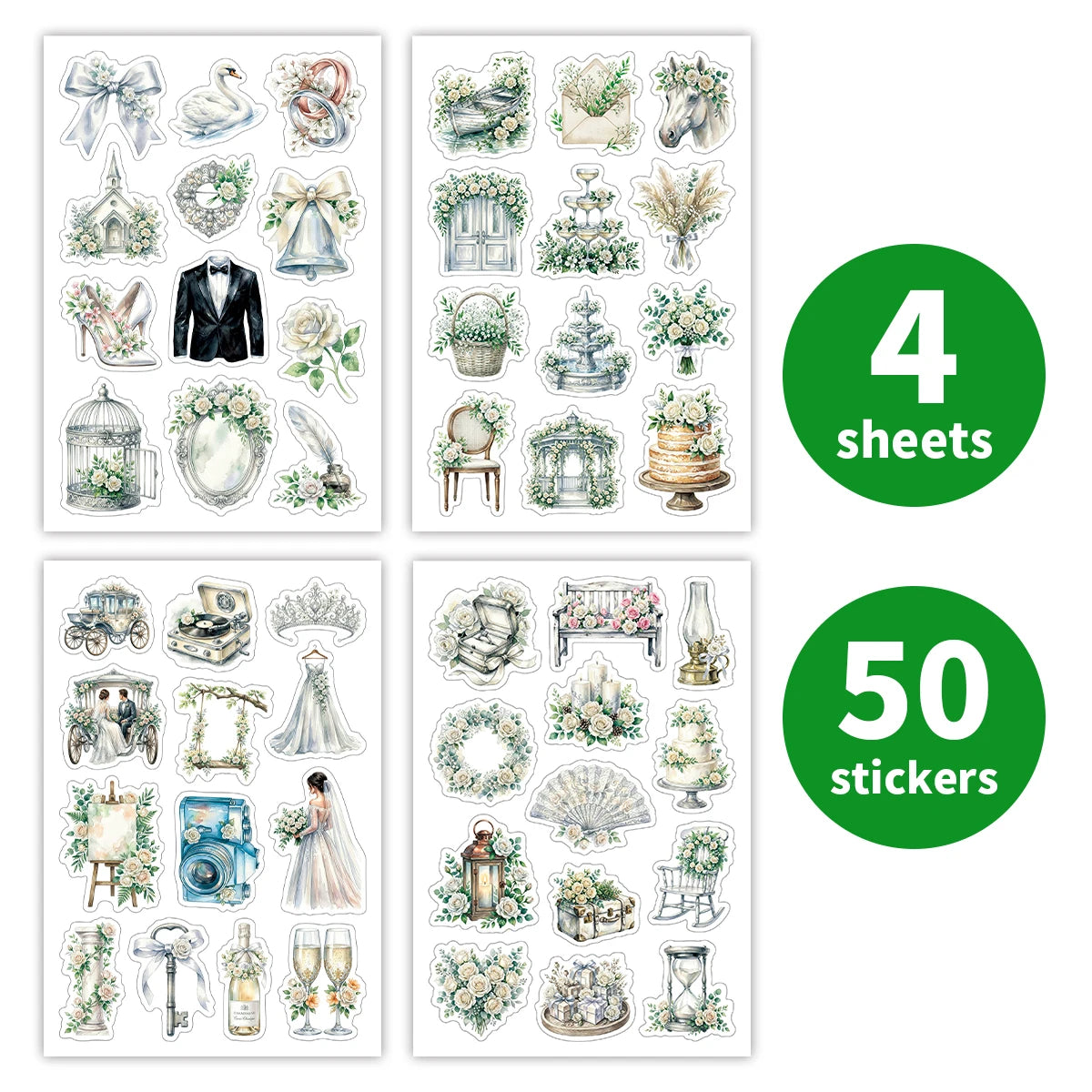 sticker mariage fleurs feuilles deco scrapbooking etiquettes cadeaux blanc vert beige rose gris adhesif