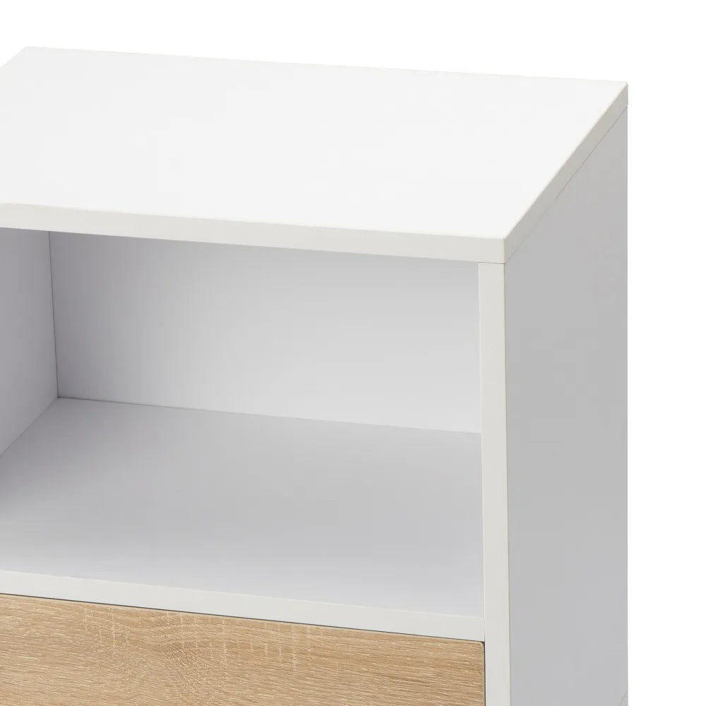 meuble chevet blanc moderne tiroir étagère ouverte imitation chêne pieds bois