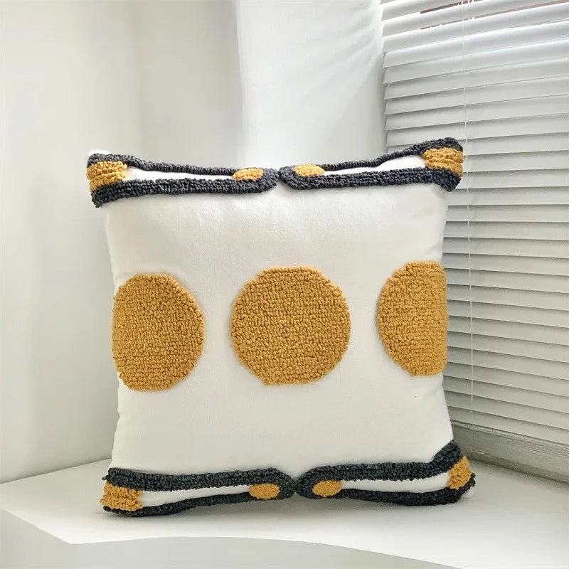 coussin brodé polyester moderne bohème motif géométrique blanc beige bleu gris marron 45x45cm
