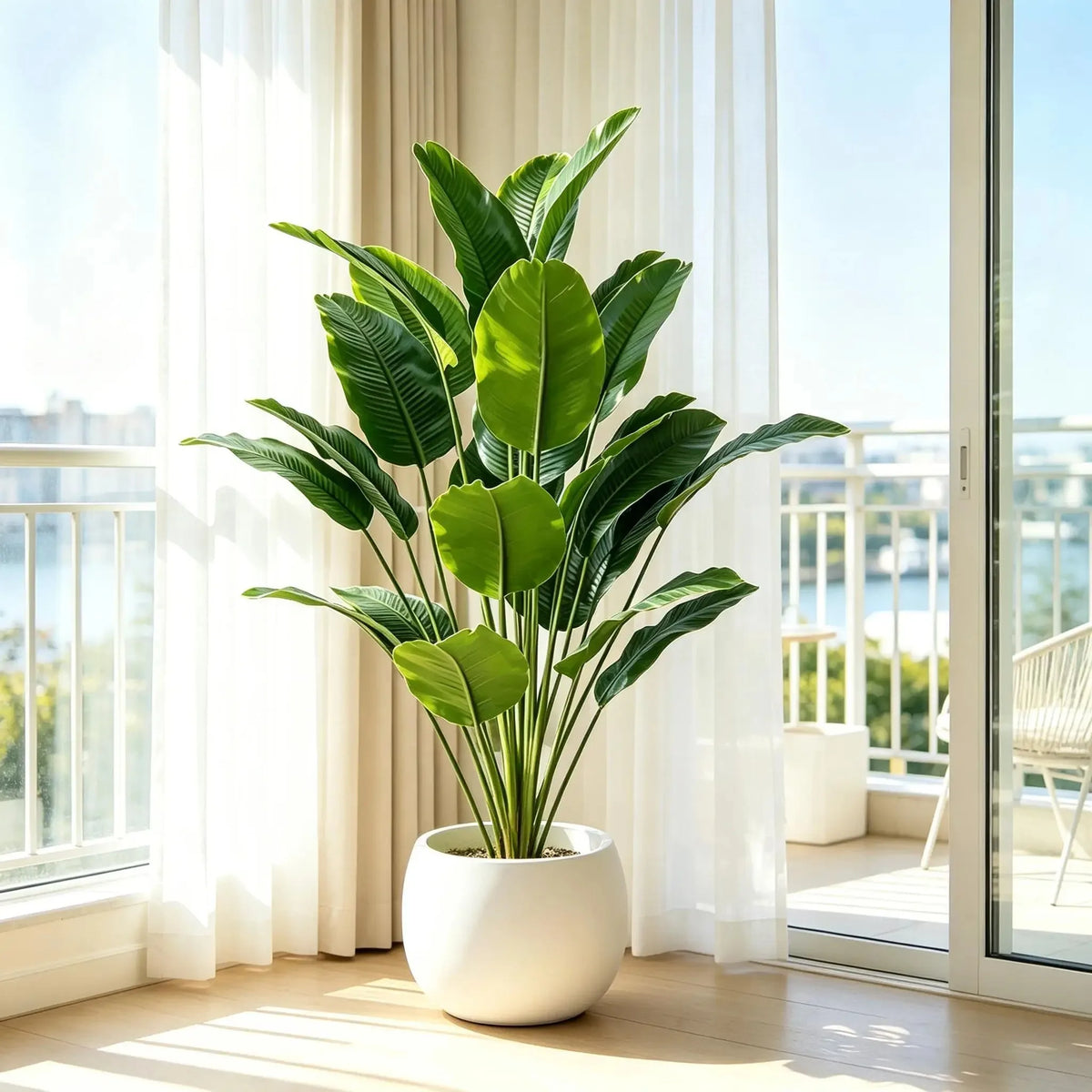 plantes artificielles feuilles larges arbres vert modernes decoration maison pots blancs grandes dimensionsintérieur