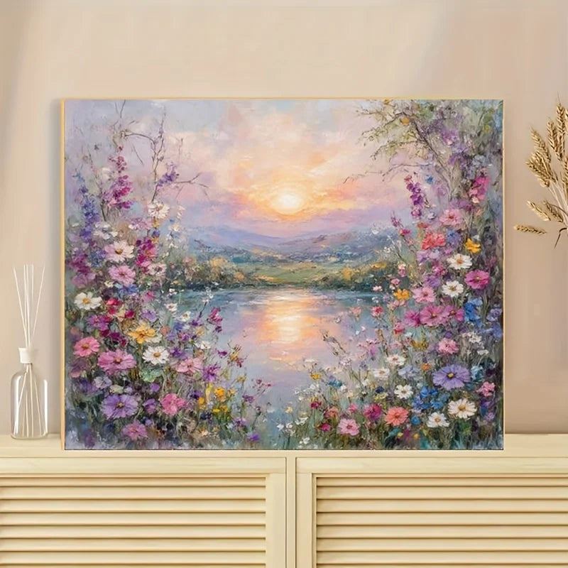 peinture l'huile paysage floral coucher soleil toile décorative diy multicolore