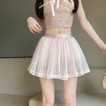 Jupe plissée rose princess romantique dentelle translucide été femelle mini courte