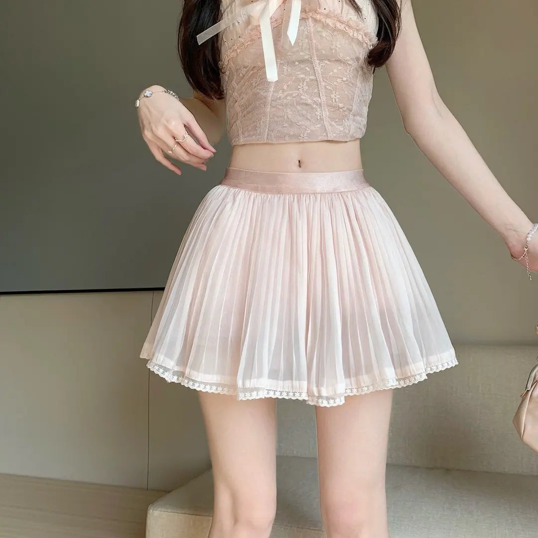 Jupe plissée rose princess romantique dentelle translucide été femelle mini courte