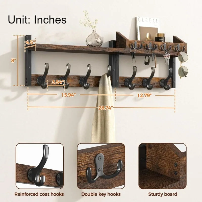 porte clés mural multifonction étagère bois foncé porte monnaie moderne rustique vis fixés support