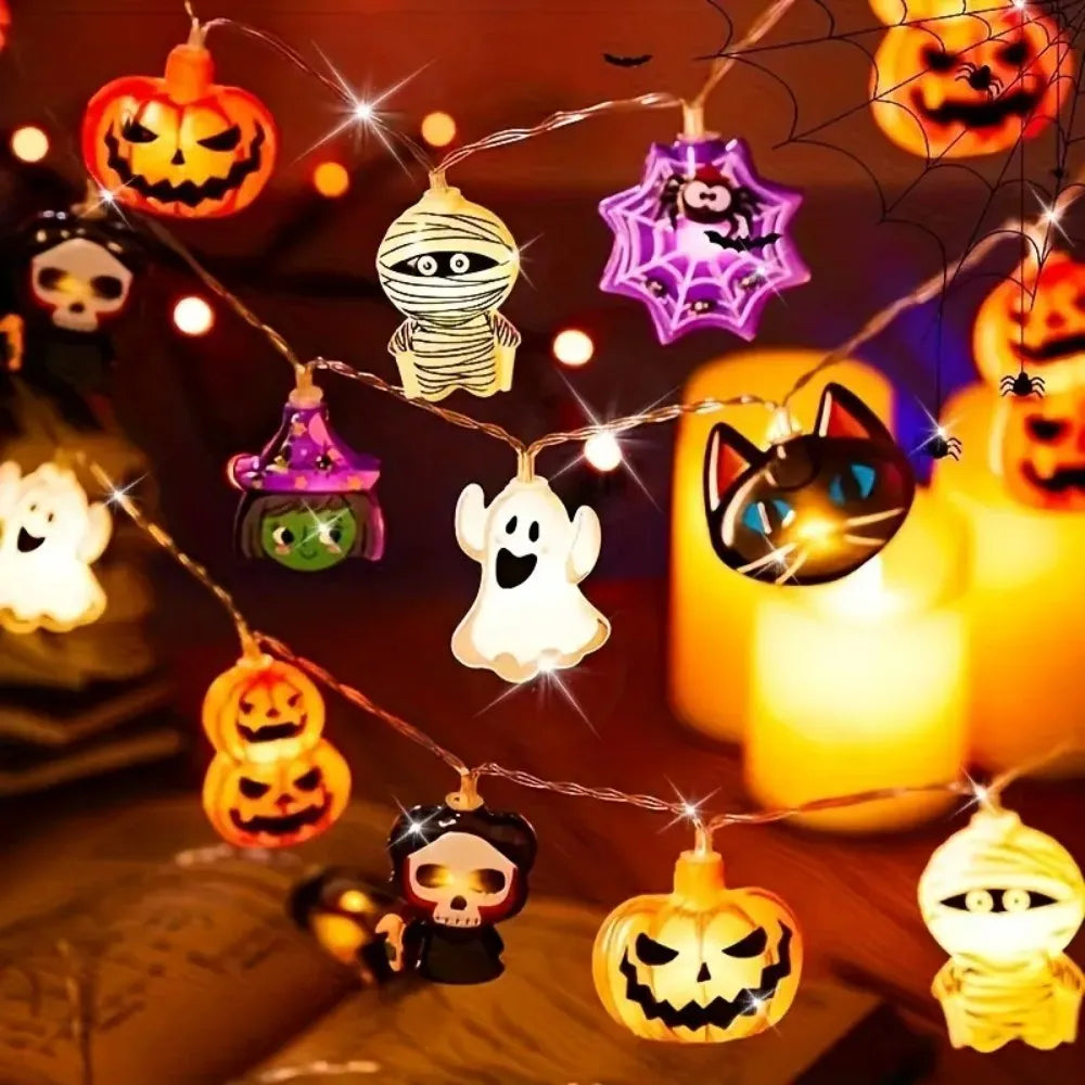 guirlande lumineuse halloween orange blanc noir citrouilles fantômes yeux chats squelettes 3v led piles