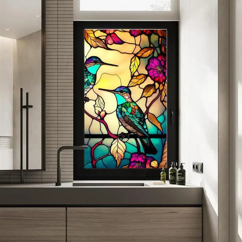 films décoratifs adhésifs oiseaux colorés feuilles fleurs moderne opaques fenêtres bleu vert jaune rouge